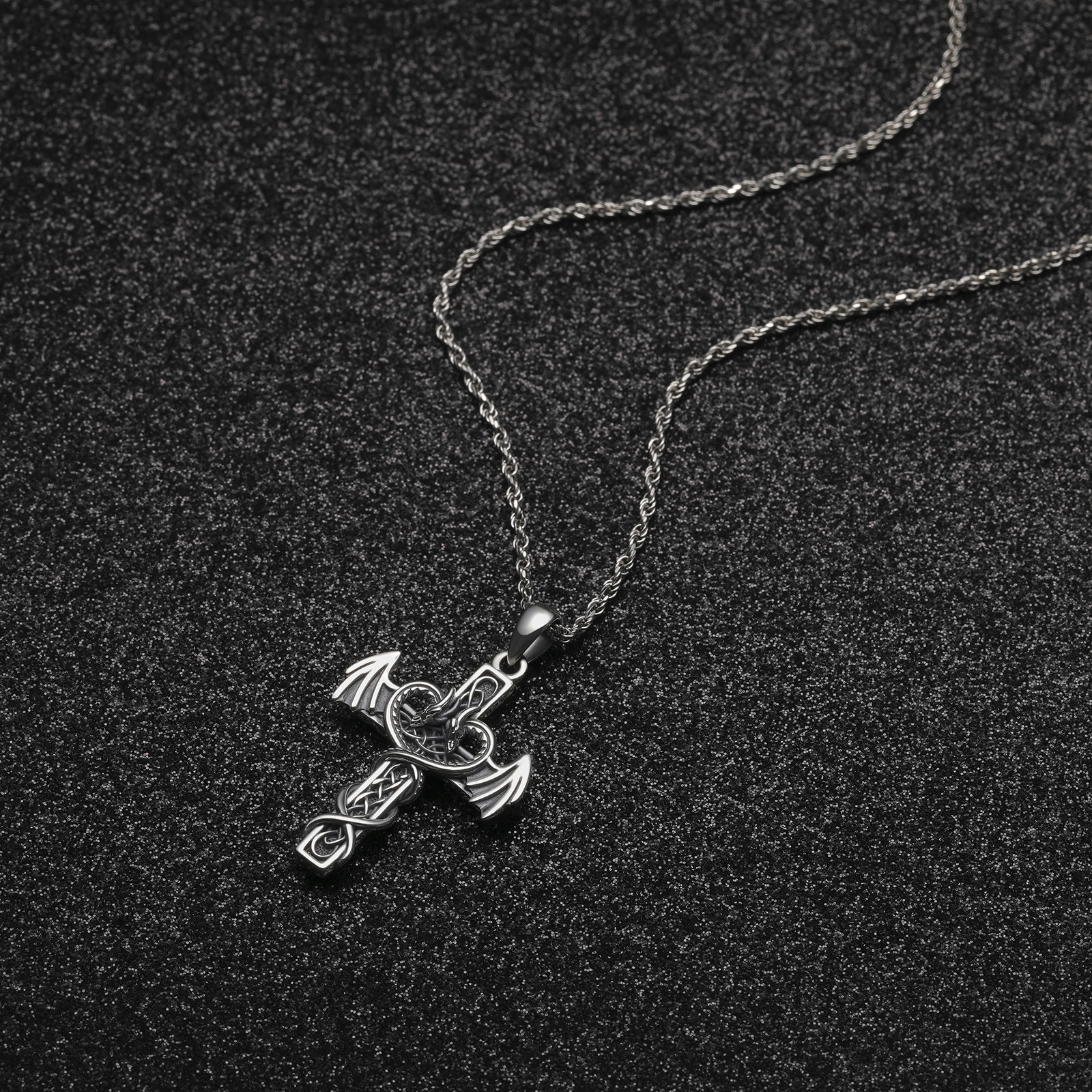 925 Sterling Silver Dragon Cross Pendant Necklace